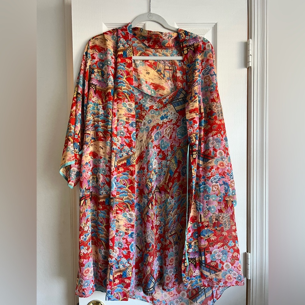 Josie Natori colorful patterned slightly sheer slip and matching robe.
